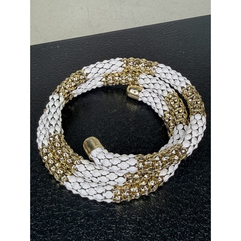 VTG Mesh Spiral Wrap Bracelet White Enamel Gold Retro Boho Chain Link